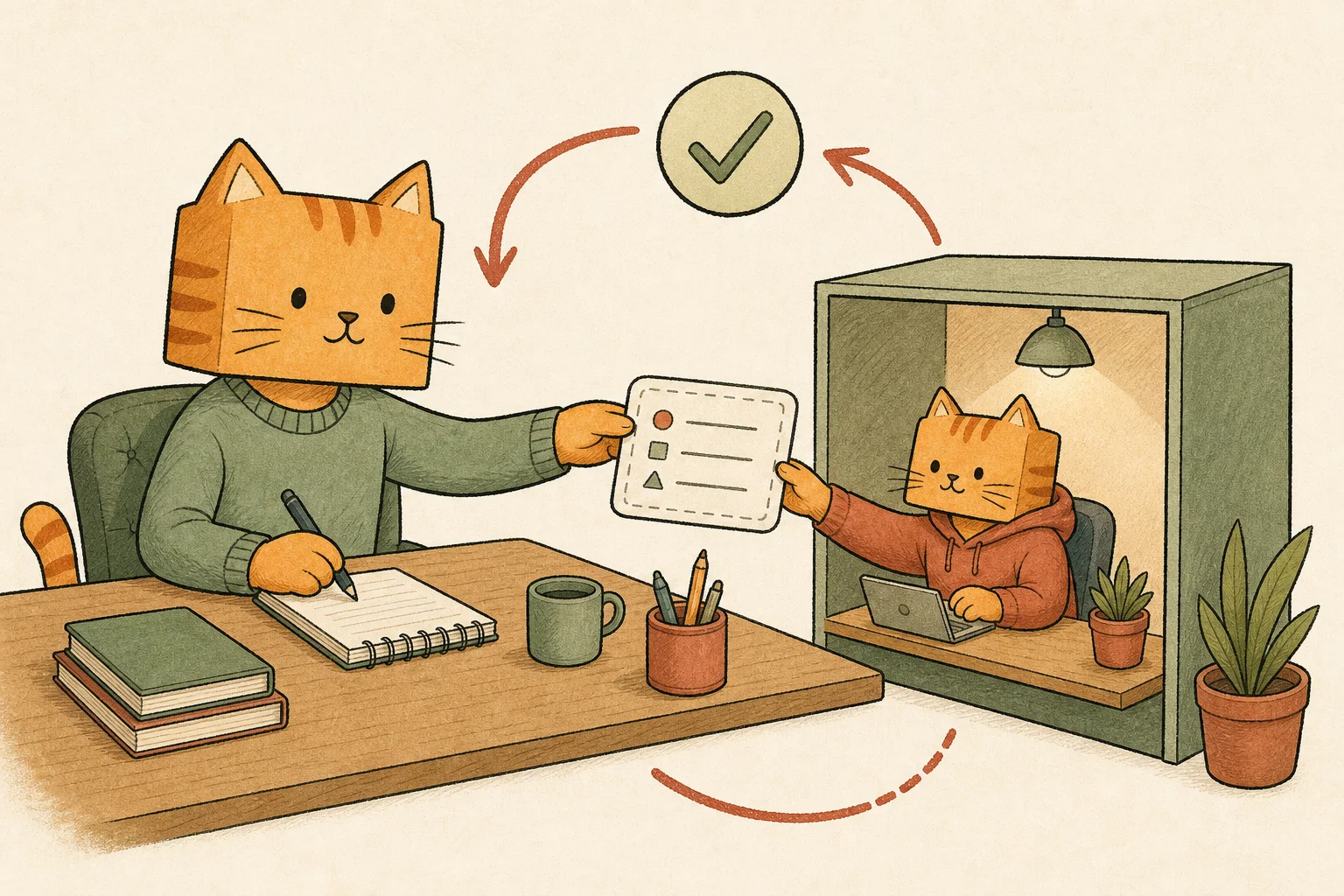A planner cat hands a bounded task to a smaller worker for review