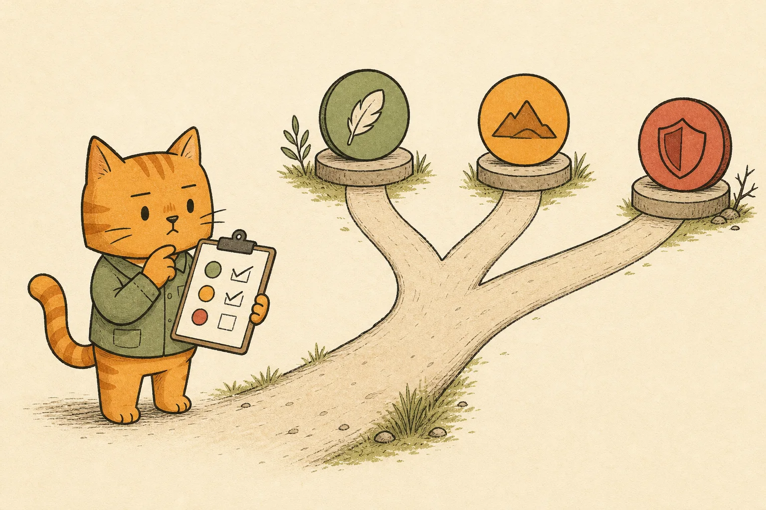 A square-faced cat chooses a model path after checking task risk