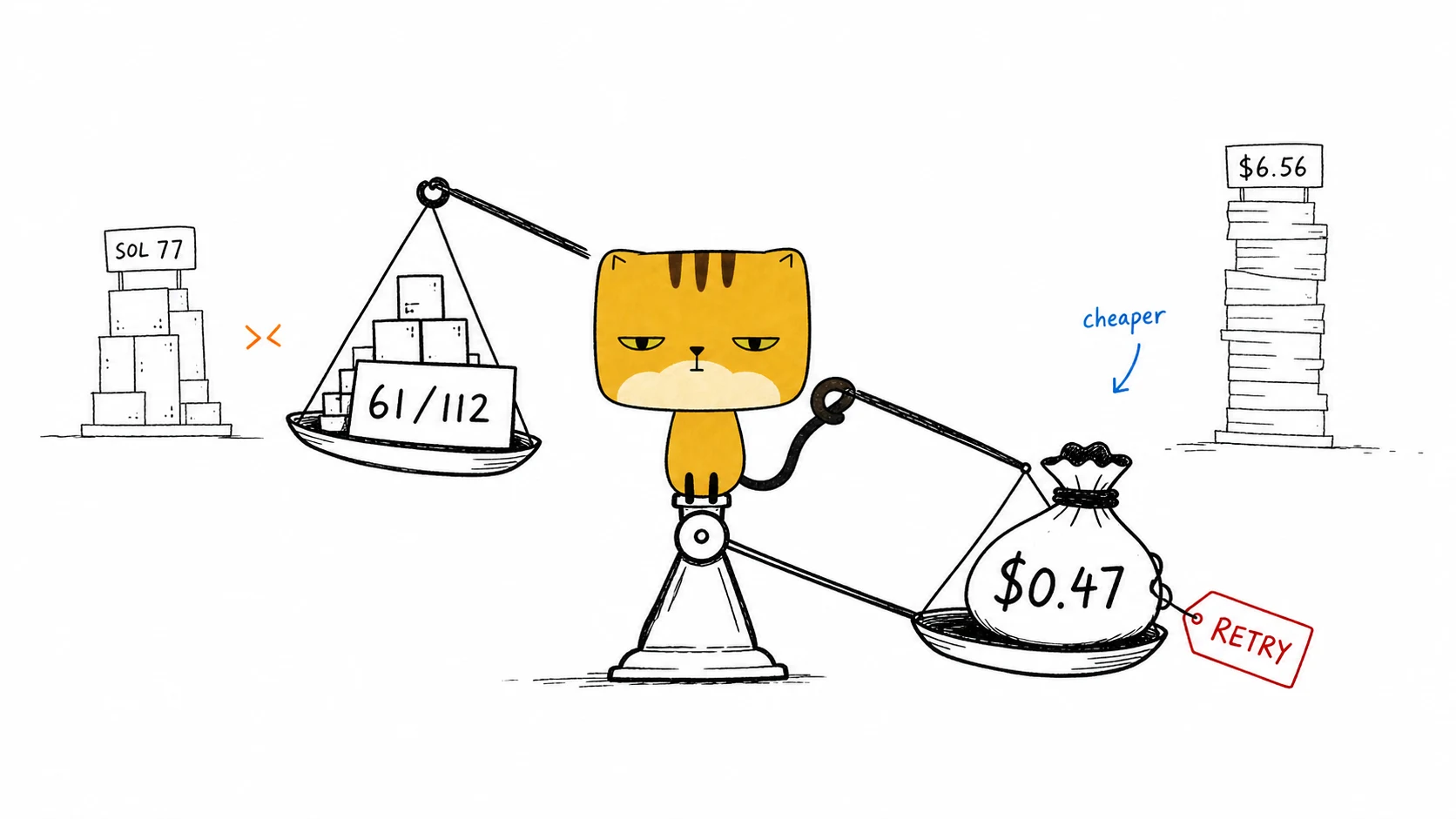A square pancake cat balances Luna Max's lower cost against its smaller pass count on a hand-drawn scale