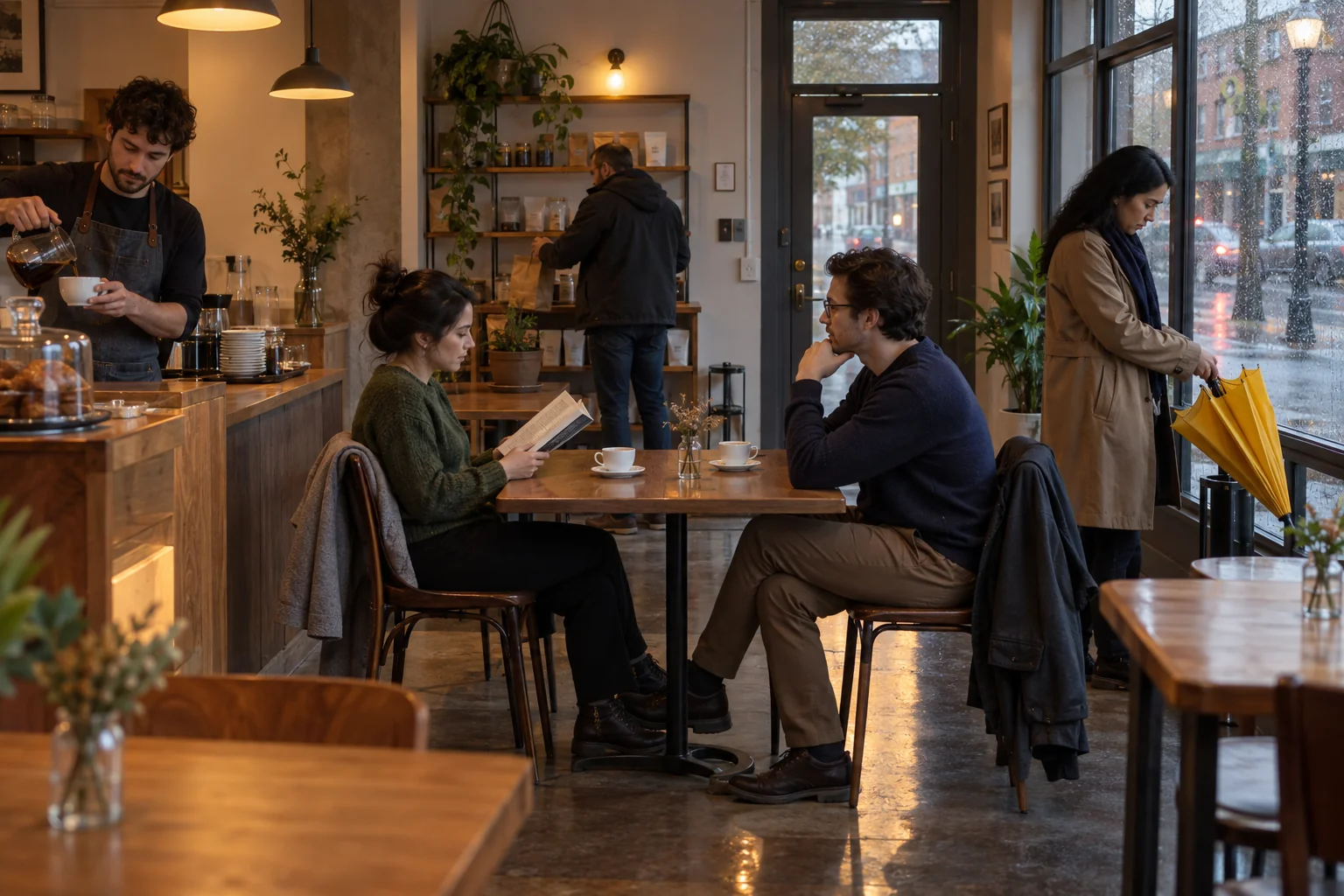 Five adults in a rainy cafe, including a barista, two seated friends, a customer with an umbrella, and a customer collecting a bag