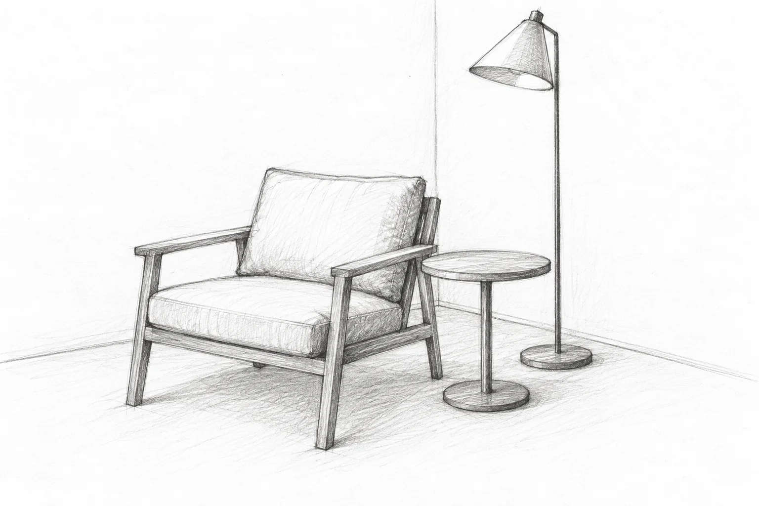 Pencil sketch of a lounge chair, round side table, and floor lamp in an empty reading corner