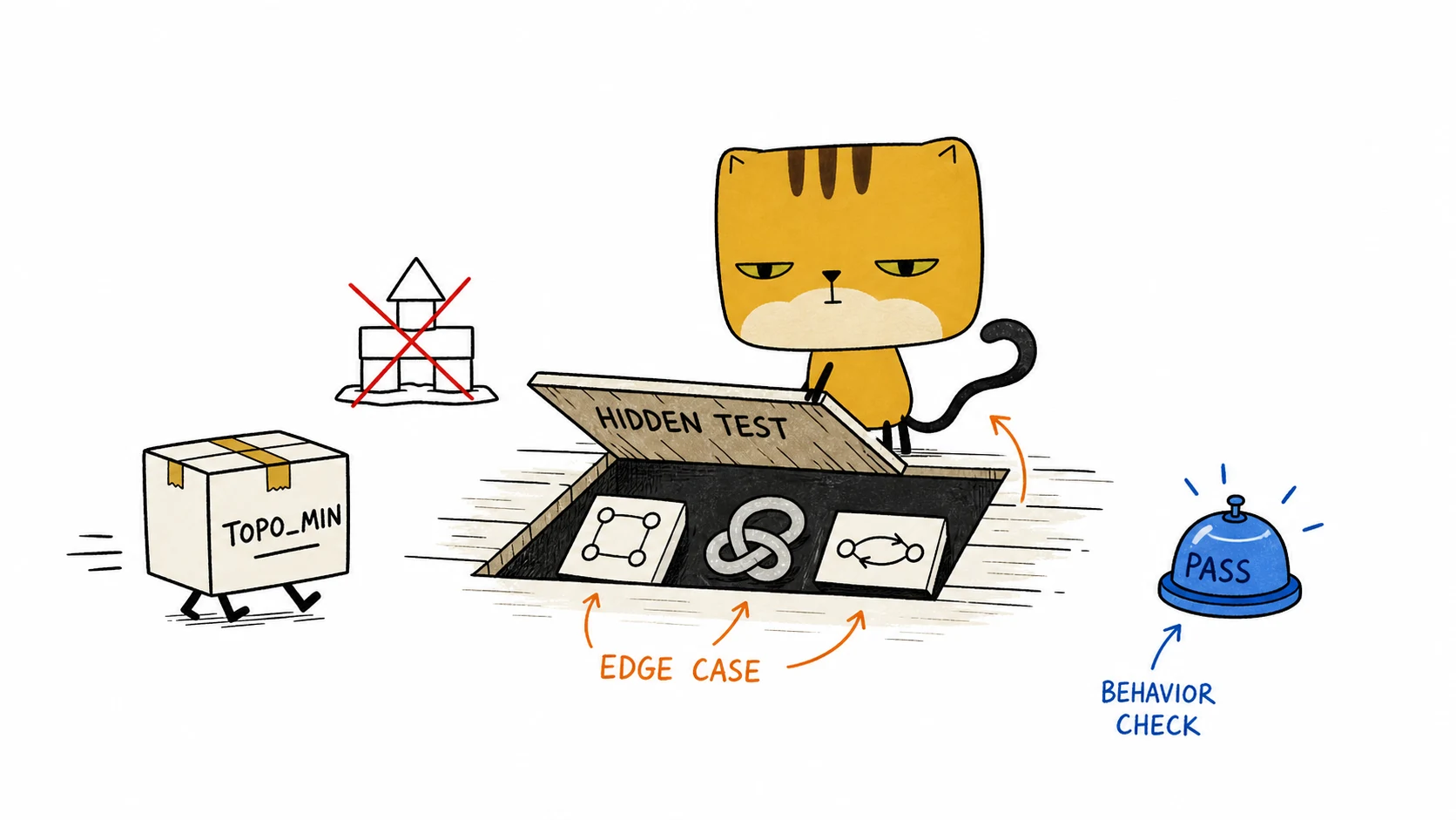 The square pancake cat lifts a hidden test hatch to expose edge cases beneath a happy-path implementation